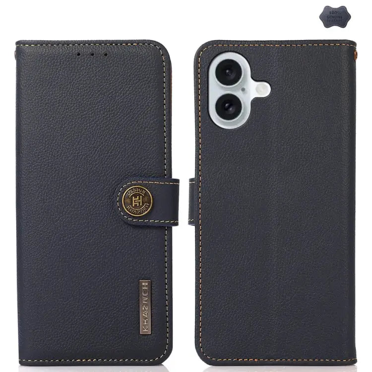 KHAZNEH Custer Genuine Leather RFID Phone Case For iPhone 16 - For iPhone 16 / Blue - Apple Accessories