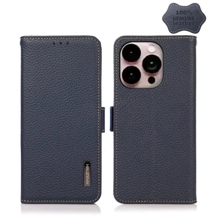 KHAZNEH Side-Magnetic Litchi Genuine Leather RFID Phone Case - For iPhone 14 Pro Max / Blue - Apple Accessories