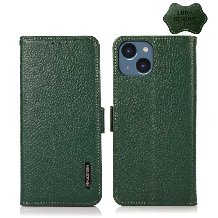 KHAZNEH Side-Magnetic Litchi Genuine Leather RFID Phone Case - For iPhone 14 / Green - Apple Accessories