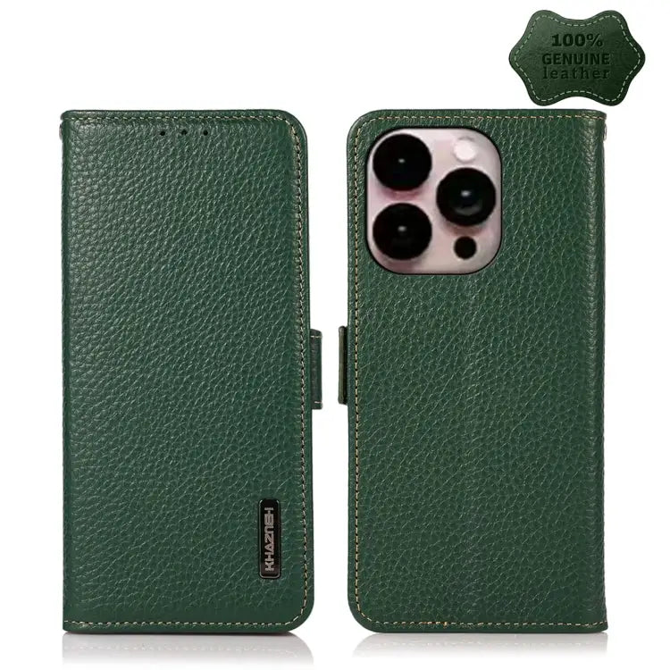 KHAZNEH Side-Magnetic Litchi Genuine Leather RFID Phone Case - For iPhone 14 Pro Max / Green - Apple Accessories