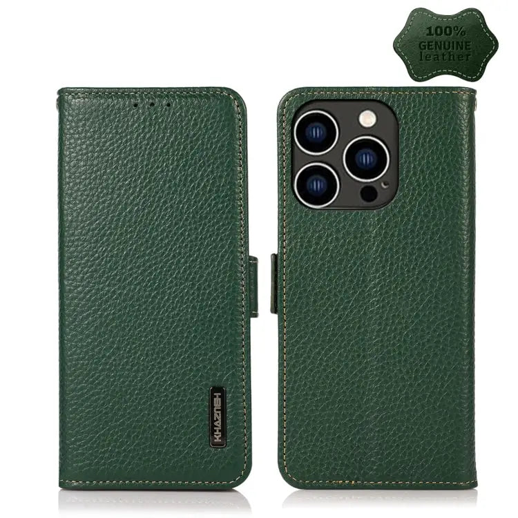 KHAZNEH Side-Magnetic Litchi Genuine Leather RFID Phone Case - For iPhone 14 Pro / Green - Apple Accessories