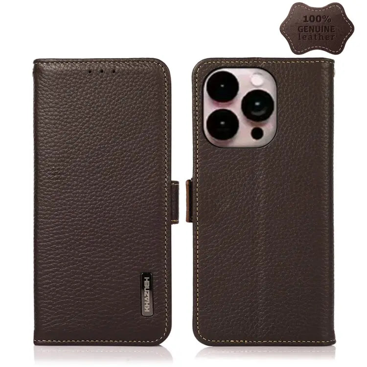 KHAZNEH Side-Magnetic Litchi Genuine Leather RFID Phone Case - For iPhone 14 Pro Max / Brown - Apple Accessories