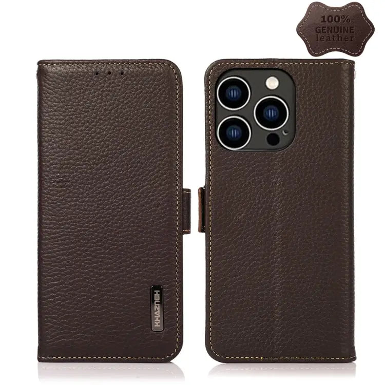 KHAZNEH Side-Magnetic Litchi Genuine Leather RFID Phone Case - For iPhone 14 Pro / Brown - Apple Accessories