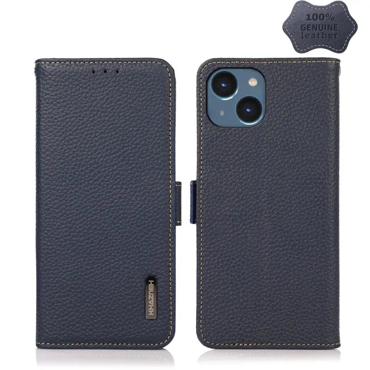 KHAZNEH Side-Magnetic Litchi Genuine Leather RFID Phone Case - For iPhone 14 Plus / Blue - Apple Accessories