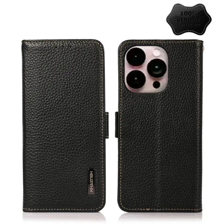 KHAZNEH Side-Magnetic Litchi Genuine Leather RFID Phone Case - For iPhone 14 Pro Max / Black - Apple Accessories