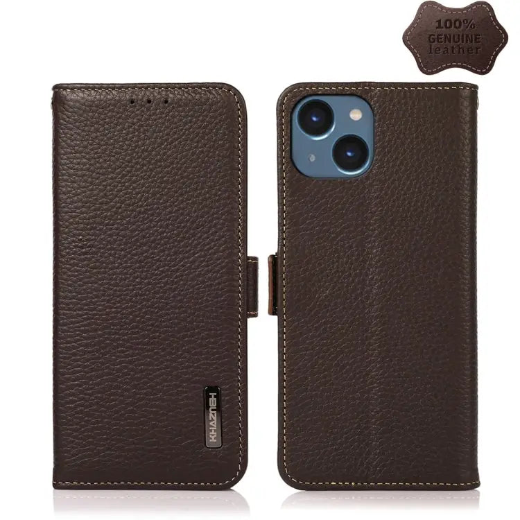 KHAZNEH Side-Magnetic Litchi Genuine Leather RFID Phone Case - For iPhone 14 Plus / Brown - Apple Accessories