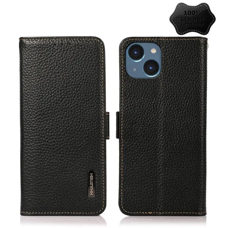 KHAZNEH Side-Magnetic Litchi Genuine Leather RFID Phone Case - For iPhone 14 / Black - Apple Accessories