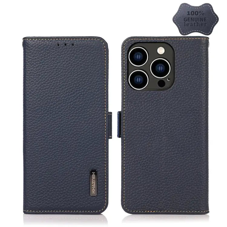 KHAZNEH Side-Magnetic Litchi Genuine Leather RFID Phone Case - For iPhone 14 Pro / Blue - Apple Accessories