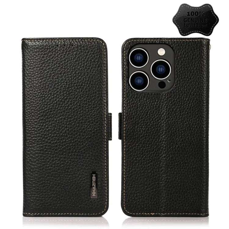 KHAZNEH Side-Magnetic Litchi Genuine Leather RFID Phone Case - For iPhone 14 Pro / Black - Apple Accessories