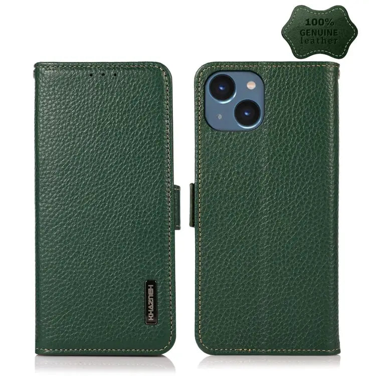 KHAZNEH Side-Magnetic Litchi Genuine Leather RFID Phone Case - For iPhone 14 Plus / Green - Apple Accessories
