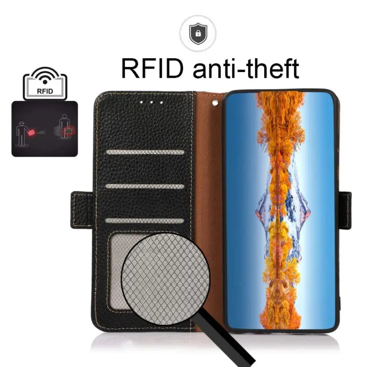 KHAZNEH Side-Magnetic Litchi Genuine Leather RFID Phone Case - Apple Accessories