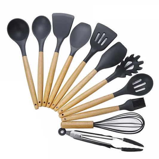 kn020 11 in 1 Wooden Handle Silicone Non-stick Spatula Spoon Kitchen Tool Set 11 in 1 - 11 in 1