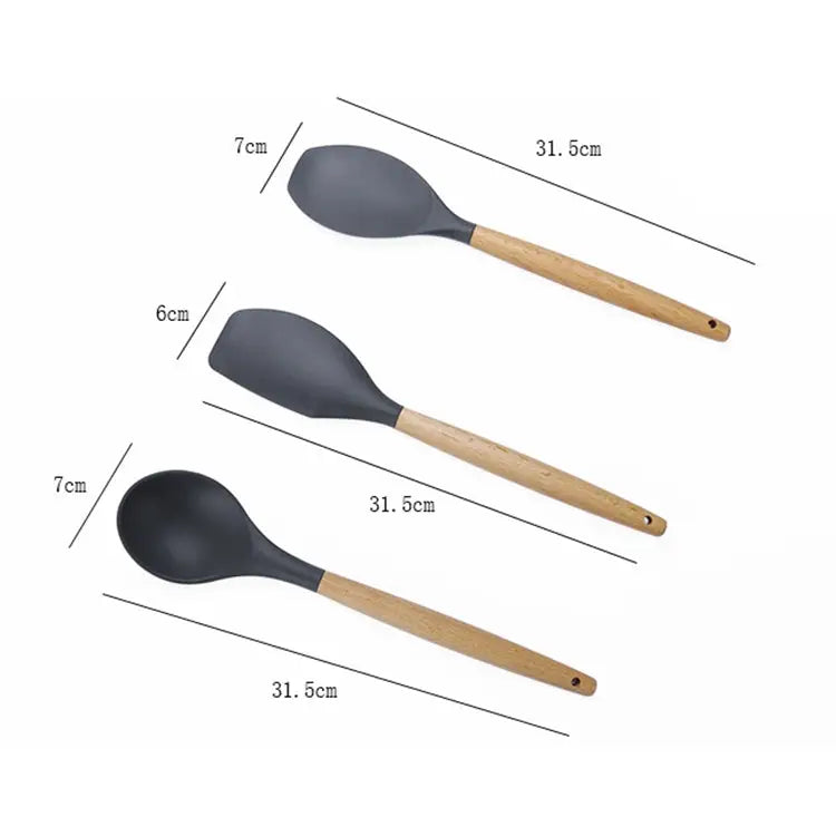 kn020 11 in 1 Wooden Handle Silicone Non-stick Spatula Spoon Kitchen Tool + Bucket Set 11 in 1 with Bucket - 11 in 1