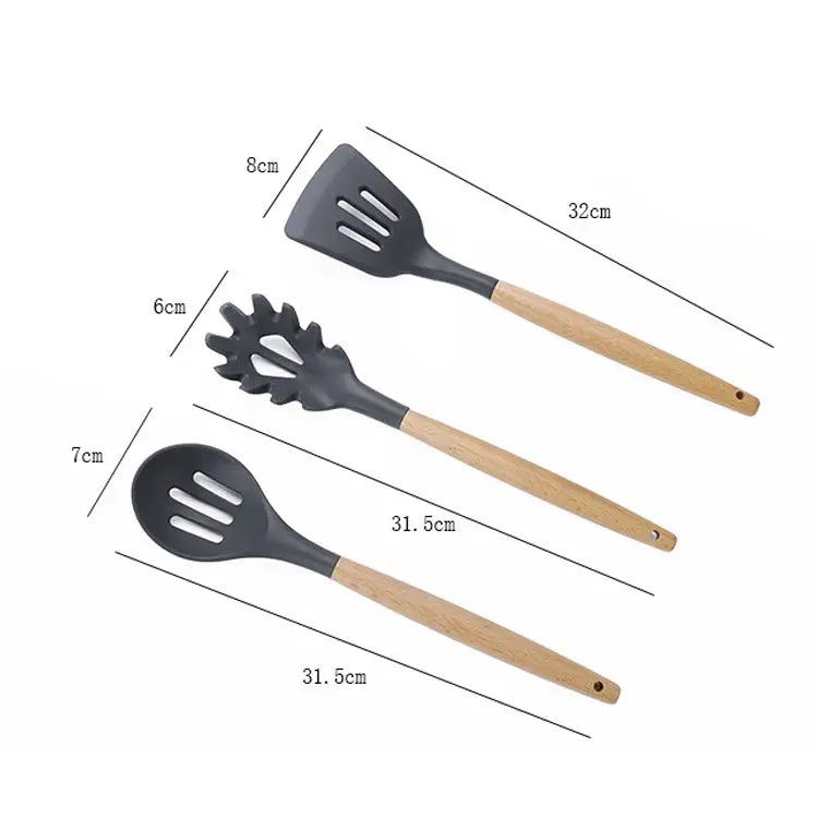 kn020 11 in 1 Wooden Handle Silicone Non-stick Spatula Spoon Kitchen Tool + Bucket Set 11 in 1 with Bucket - 11 in 1