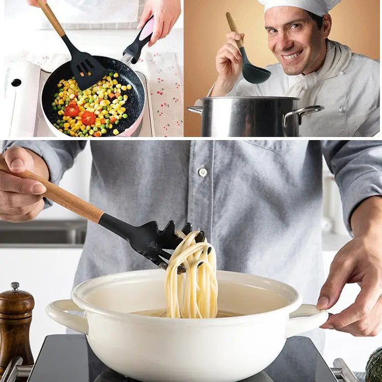 kn020 11 in 1 Wooden Handle Silicone Non-stick Spatula Spoon Kitchen Tool + Bucket Set 11 in 1 with Bucket - 11 in 1