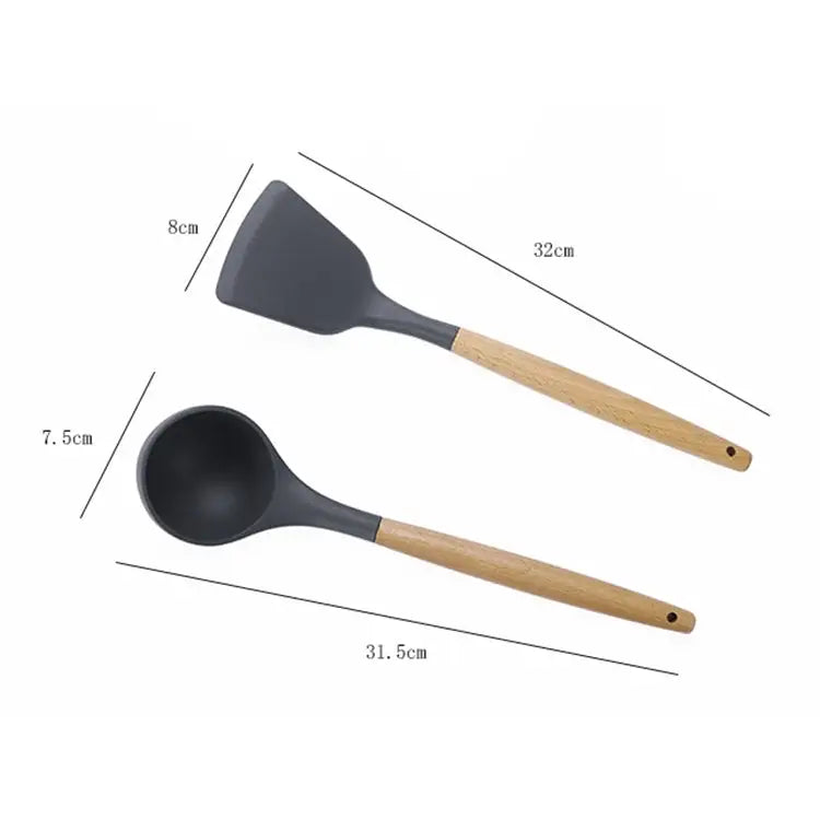 kn020 11 in 1 Wooden Handle Silicone Non-stick Spatula Spoon Kitchen Tool + Bucket Set 11 in 1 with Bucket - 11 in 1