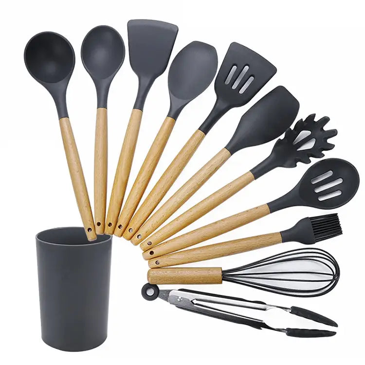 kn020 11 in 1 Wooden Handle Silicone Non-stick Spatula Spoon Kitchen Tool + Bucket Set 11 in 1 with Bucket - 11 in 1