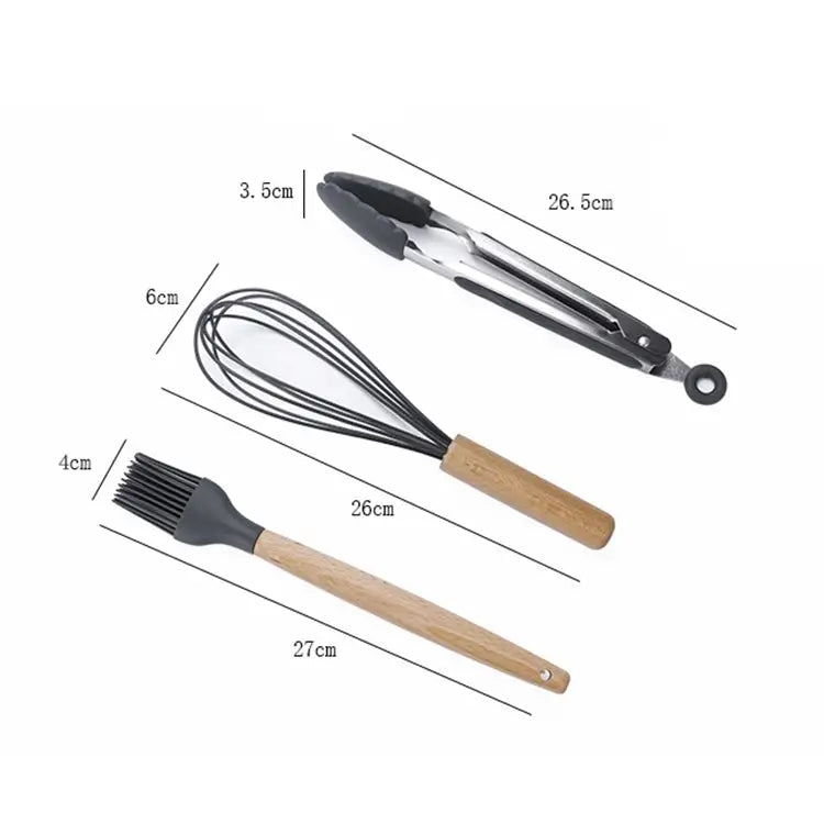 kn020 11 in 1 Wooden Handle Silicone Non-stick Spatula Spoon Kitchen Tool + Bucket Set 11 in 1 with Bucket - 11 in 1