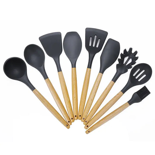 kn020 9 in 1 A Version Wooden Handle Silicone Non-stick Spatula Spoon Kitchen Tool Set A Version - A Version