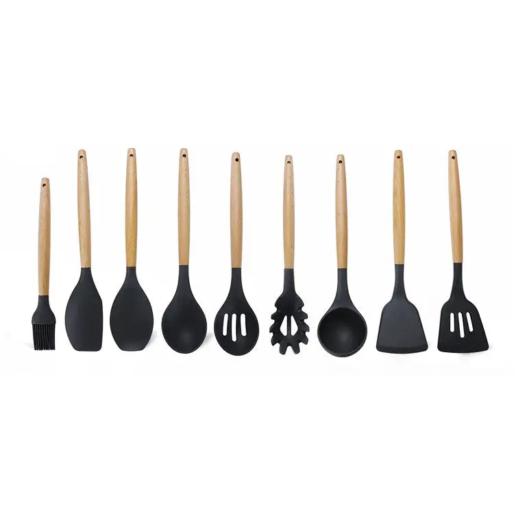kn020 9 in 1 A Version Wooden Handle Silicone Non-stick Spatula Spoon Kitchen Tool Set A Version - A Version