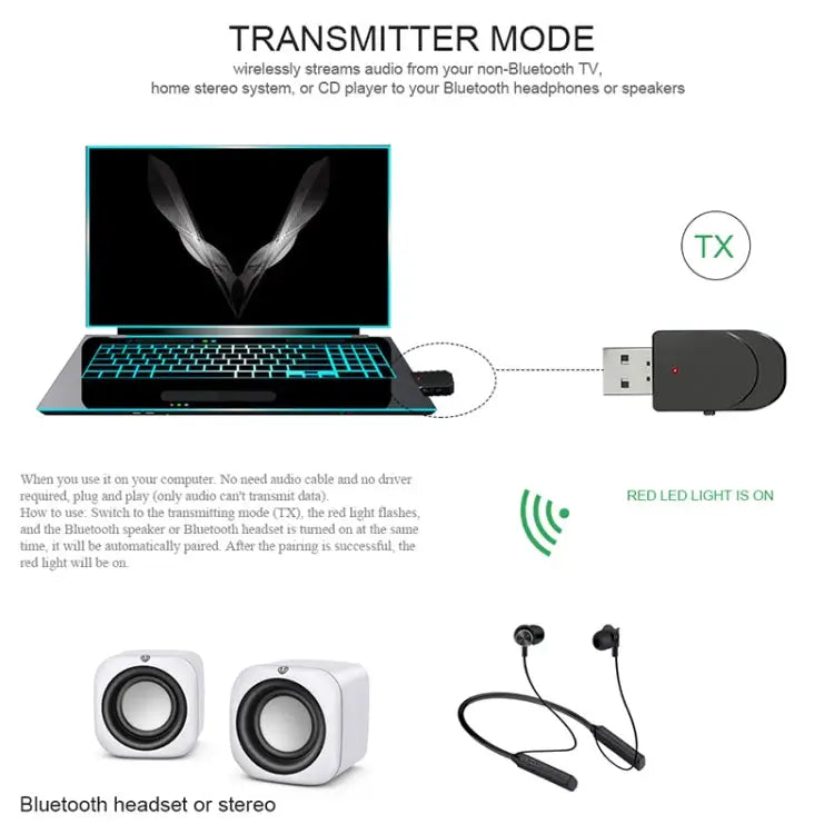 KN330 3 in 1 USB Bluetooth 5.0 Adapter Audio Transmitter Receiver with Switch Button & 3.5mm AUX Interface KN330 - KN330