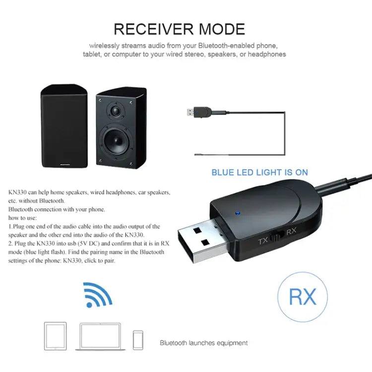 KN330 3 in 1 USB Bluetooth 5.0 Adapter Audio Transmitter Receiver with Switch Button & 3.5mm AUX Interface KN330 - KN330