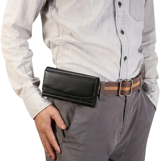 Lambskin Elastic Band Men 5.7-6.0 Inch Mobile Phone Universal Hanging Waist Leather Case with Card Slot For iPhone XS