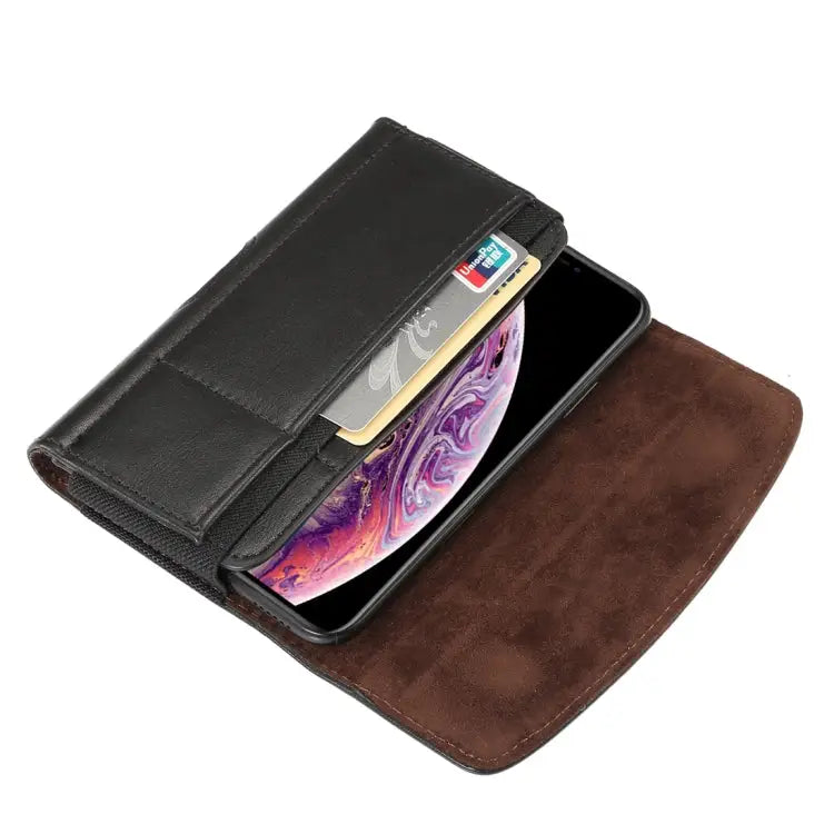 Lambskin Elastic Band Men 5.7-6.0 Inch Mobile Phone Universal Hanging Waist Leather Case with Card Slot For iPhone XS