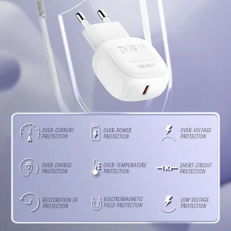 LDNIO A1206C PD27W USB-C / Type-C Fast Charger with 1m 8 Pin Cable EU Plug - EU Plug - Apple Accessories