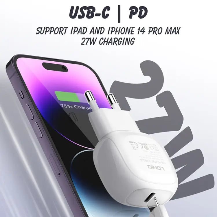 LDNIO A1206C PD27W USB-C / Type-C Fast Charger with 1m 8 Pin Cable EU Plug - EU Plug - Apple Accessories
