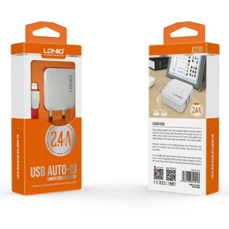 LDNIO A2201 2.4A Dual USB Charging Head Travel Direct Charge Mobile Phone Adapter Charger With Type-C Data Cable Type-C