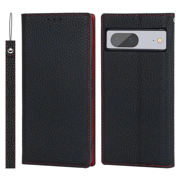 Litchi Texture Genuine Leather Phone Case For Google Pixel 7 5G - For Google Pixel 7 5G / Black - Mobile Accessories
