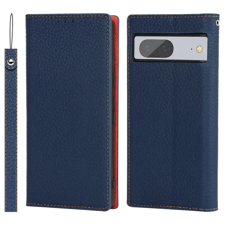 Litchi Texture Genuine Leather Phone Case For Google Pixel 7 5G - For Google Pixel 7 5G / Dark Blue - Mobile Accessories