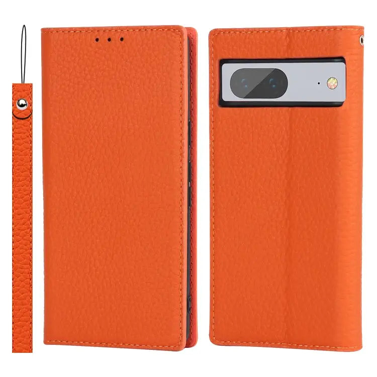 Litchi Texture Genuine Leather Phone Case For Google Pixel 7 5G - For Google Pixel 7 5G / Orange - Mobile Accessories