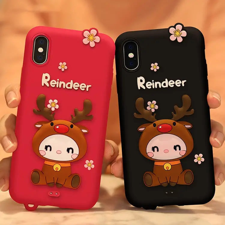 Lovely Reindeer Full Package Anti Falling Silicone Sleeve for iPhone XS For iPhone XS - For iPhone XS / Pink - Apple