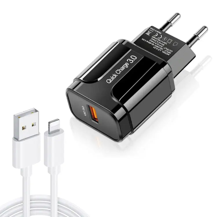 LZ-023 18W QC 3.0 USB Portable Travel Charger + 3A USB to 8 Pin Data Cable EU Plug 8 Pin Data Cable EU Plug - 8 Pin