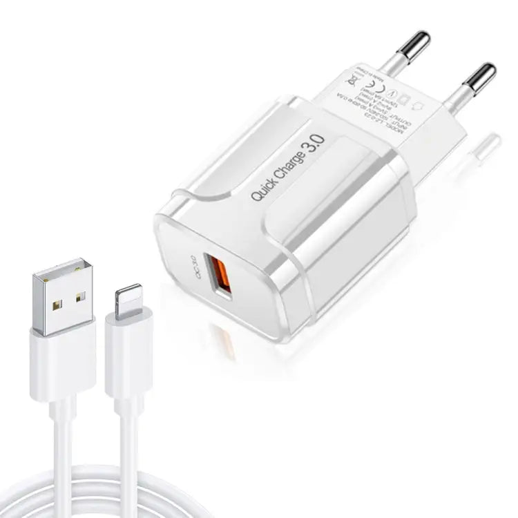 LZ-023 18W QC 3.0 USB Portable Travel Charger + 3A USB to 8 Pin Data Cable EU Plug 8 Pin Data Cable EU Plug - 8 Pin