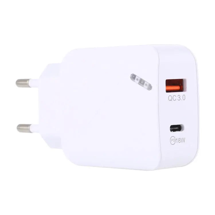LZ-819A + C QC3.0 USB + PD 18W USB-C / Type-C Interfaces Travel Charger with Indicator Light EU Plug EU Plug - EU Plug