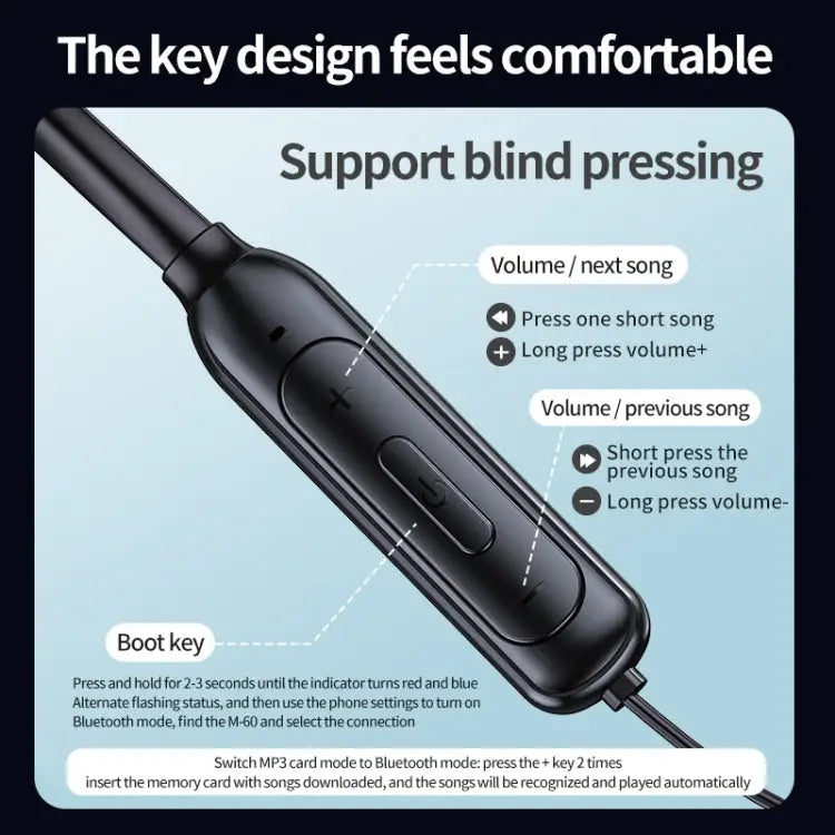 M60 8D Surround Sound Wireless Neck-mounted 5.1 Bluetooth Earphone Support TF Card MP3 Mode - Apple Accessories