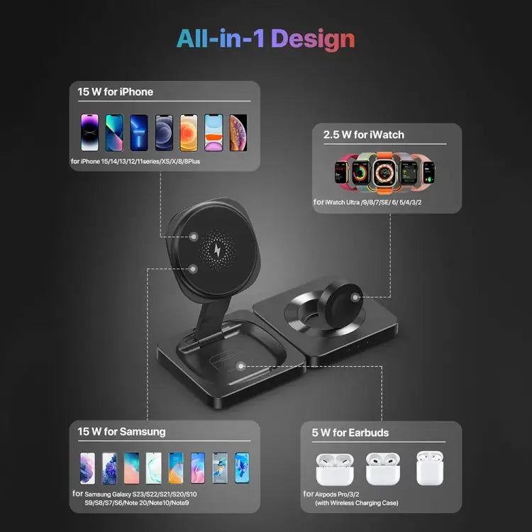 M9 3-In-1 Portable Magnetic Folding Wireless Charger Fast Charging Bracket - Apple Accessories