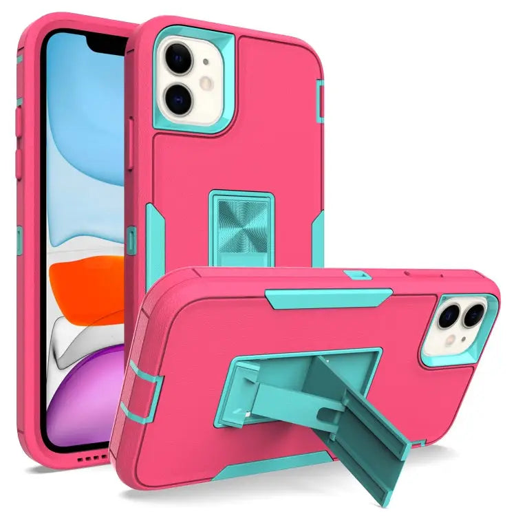 Magnetic Holder Phone Case For iPhone 12 For iPhone 12 Pro - For iPhone 12 / Rose Red + Blue-green - Apple Accessories