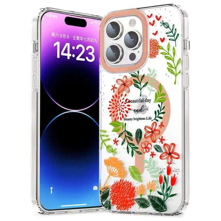 MagSafe Magnetic TPU Phone Case - For iPhone 12 Pro / Red Flowers and Green Leaves