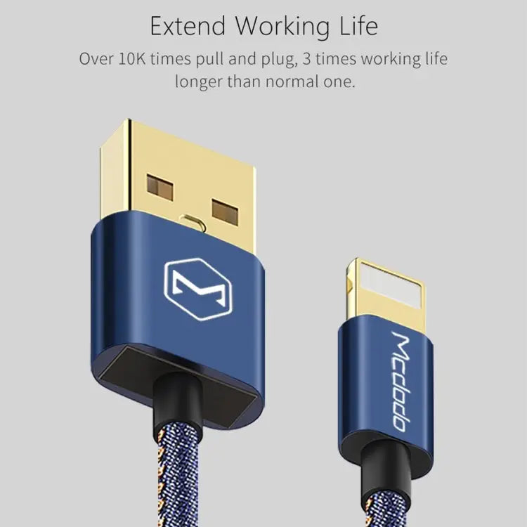 Mcdodo CA-1730 1.2m 2.4A Reversible 8 Pin to USB Denim Cover TPE Jacket Data Sync Charging Cable with Aero Aluminum