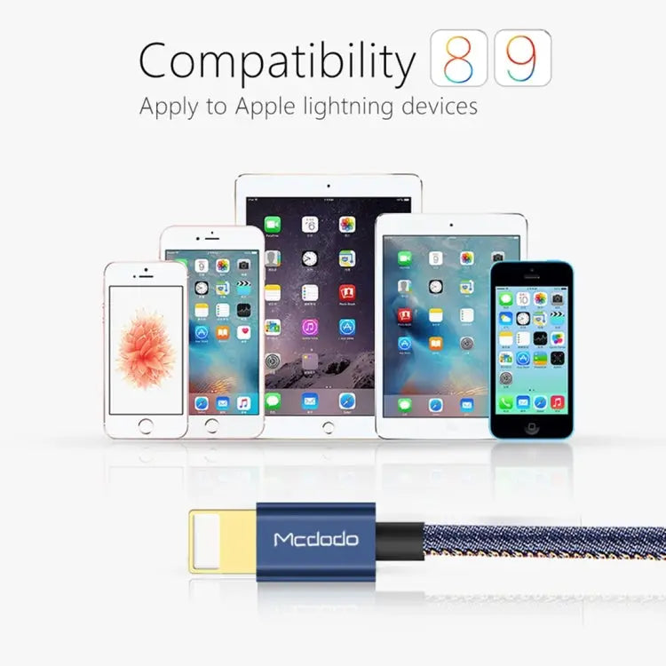 Mcdodo CA-1730 1.2m 2.4A Reversible 8 Pin to USB Denim Cover TPE Jacket Data Sync Charging Cable with Aero Aluminum
