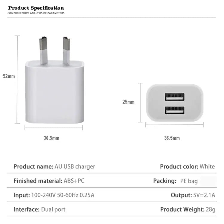 Mini Dual Port USB Charger with USB to 8 Pin Data Cable AU Plug - AU Plug + 8 Pin Cable