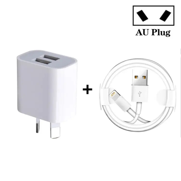 Mini Dual Port USB Charger with USB to 8 Pin Data Cable AU Plug - AU Plug + 8 Pin Cable