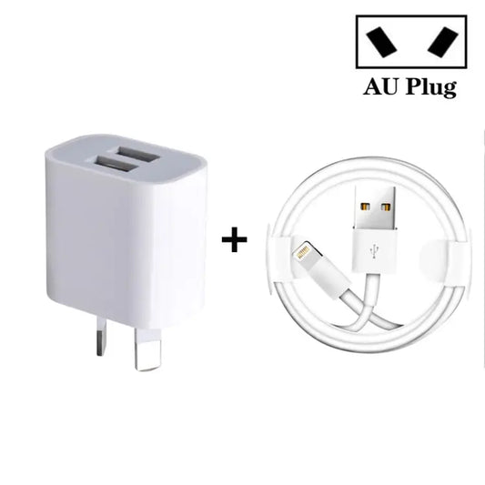 Mini Dual Port USB Charger with USB to 8 Pin Data Cable AU Plug - AU Plug + 8 Pin Cable
