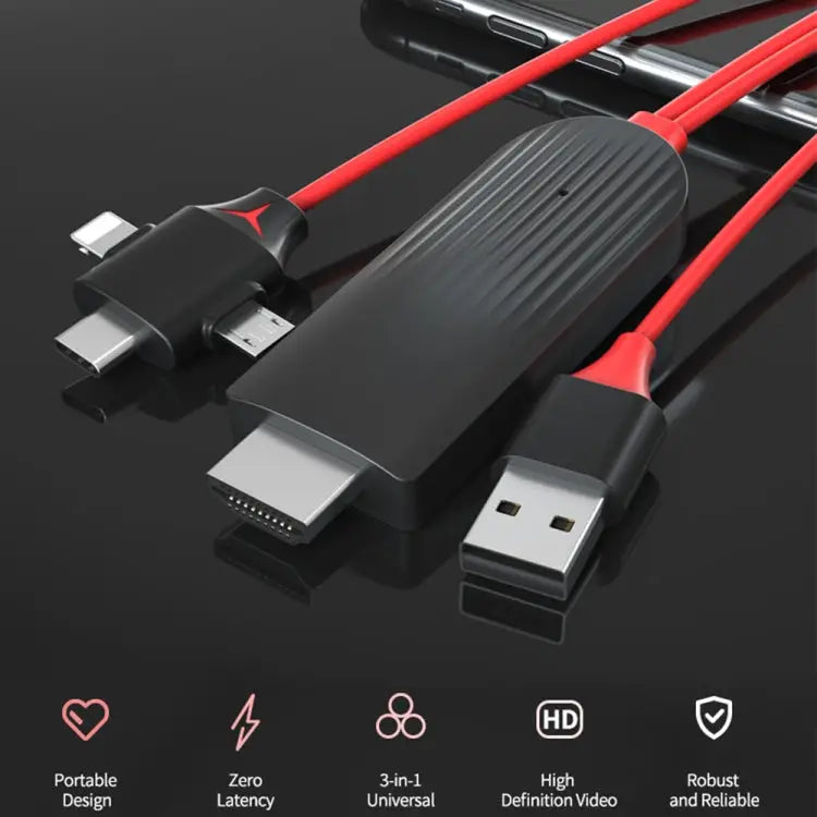 MiraScreen L7-8 3 in 1 8 Pin + Micro USB + USB-C / Type-C to HDMI Video Converter Cable Cable Length: 2m 3 in 1 HDMI