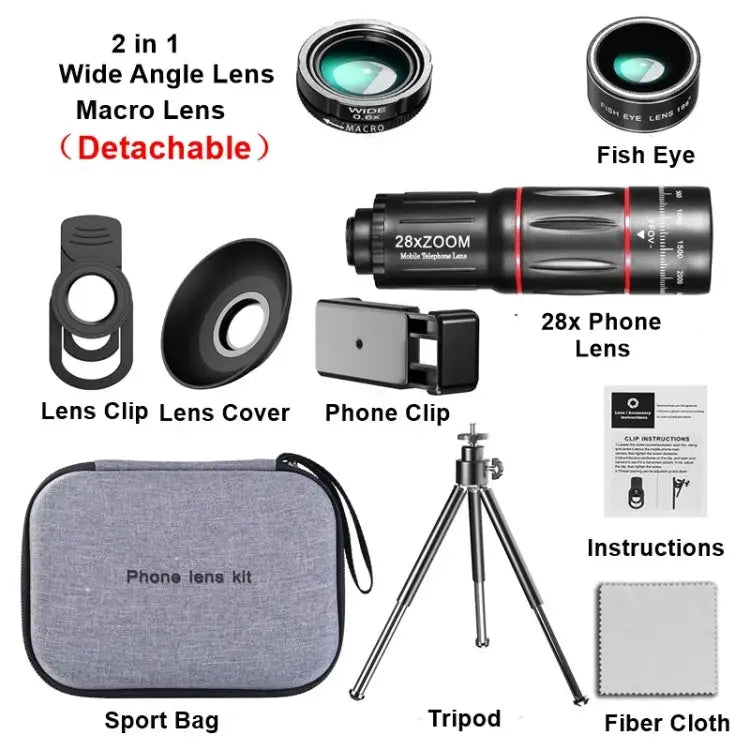 Mobile Phone Universal Lens Telescope 28X + Wide Angle 0.6X + Macro 20X + Fisheye 198 Degree Set Multi-combination Set