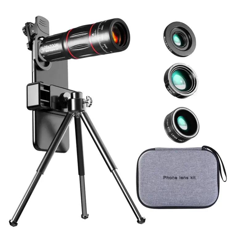 Mobile Phone Universal Lens Telescope 28X + Wide Angle 0.6X + Macro 20X + Fisheye 198 Degree Set Multi-combination Set